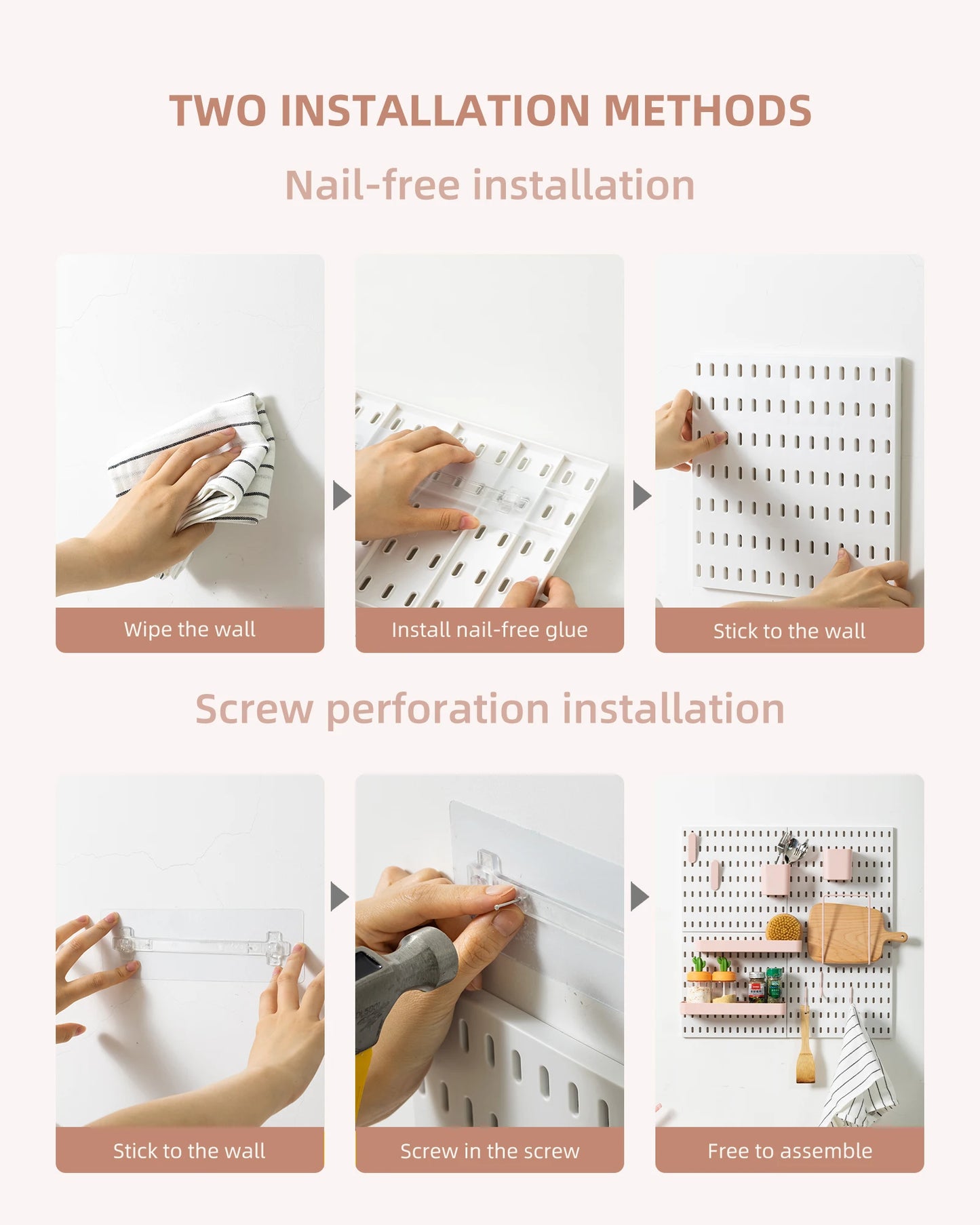 Deli Pink 4pcs Pegboard Combination Kits, Easy Storge, Free & Easy to Assemble, Two Installation Methods