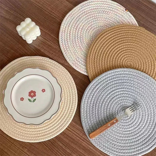 HeMu Round Woven Cotton Dining Table Mat Thermal Insulation Mat Household Anti Scalding Tea Cup Mat Circular Dish Mat