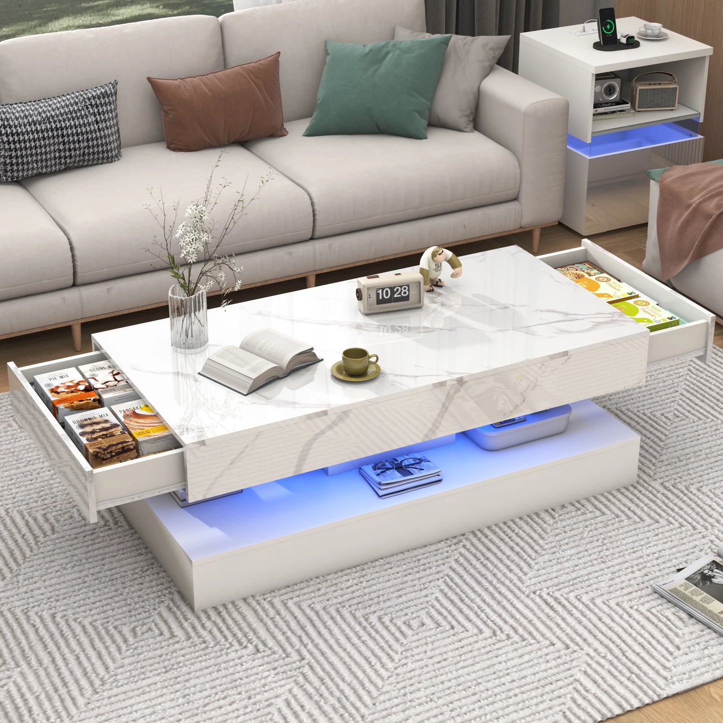 QiaoShiRen Modern LED Coffee Table With Dual Drawer Storage