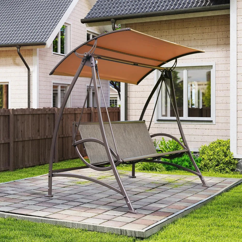 Domi Porch Patio Swing with Adjustable Canopy, 3-seat Swing with Stand, Outdoor Swings w/Armrests, Weather Resistant Steel Frame