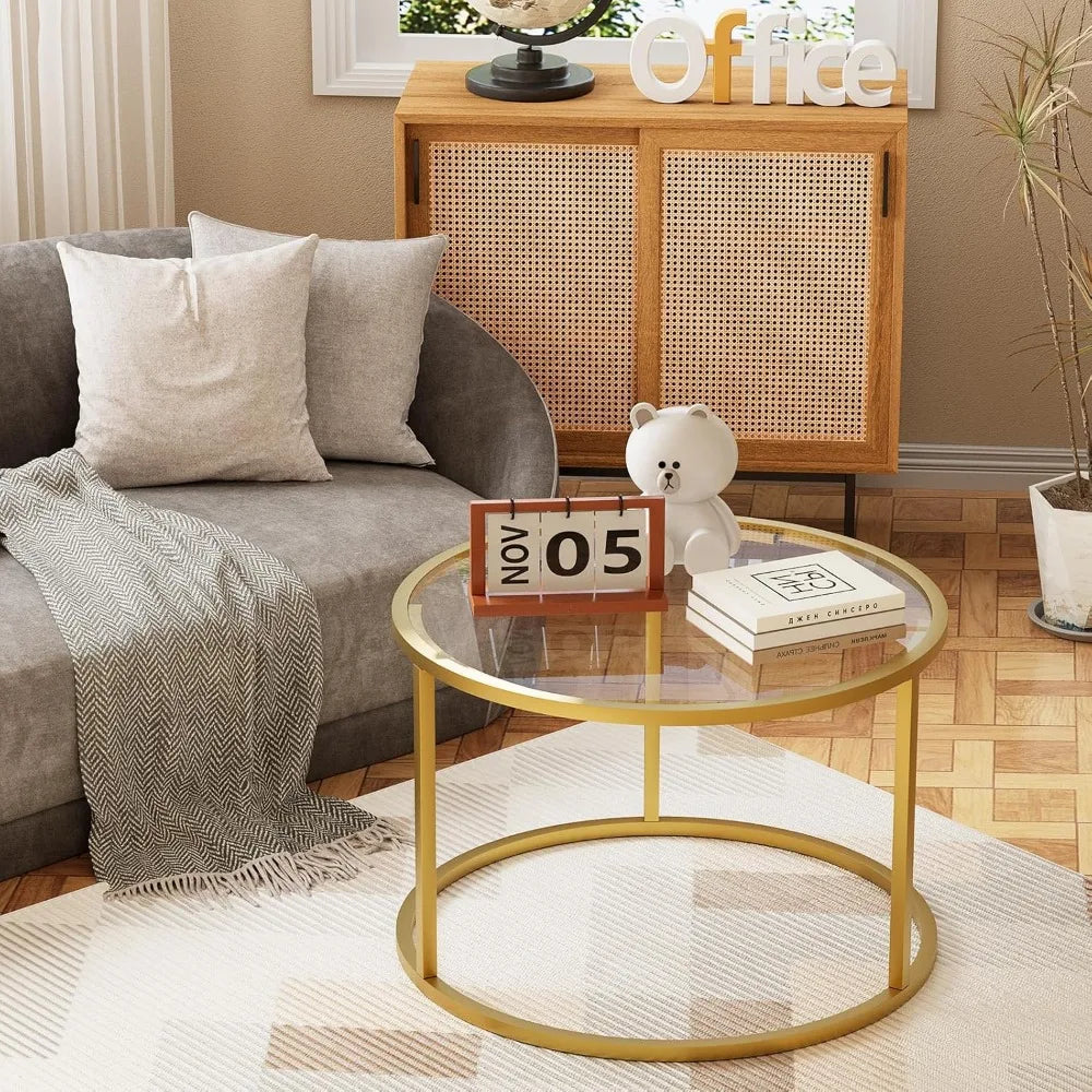 Round Glass Coffee Table With Metal Frame For Living Room