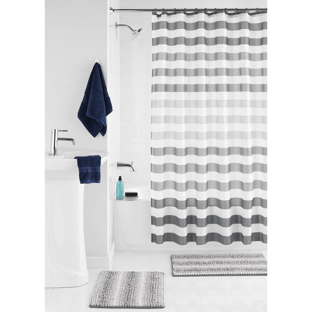 15-Piece Ombre Stripe Polyester Shower Curtain Set with Hooks and Non-Skid Bath Rugs Bathroom Décor Upgrade