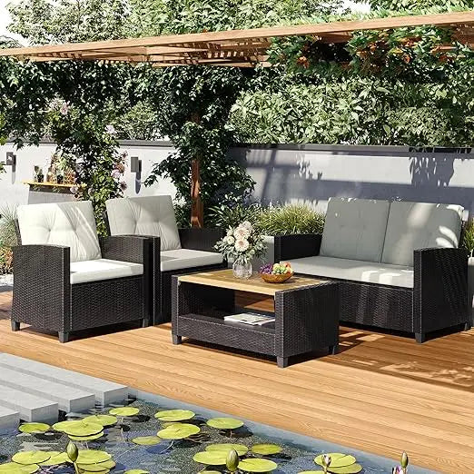 4 Piece Outdoor Patio Furniture Sets, Wicker Conversation Set for Porch Deck, Gray Rattan Sofa Chair with Cushion