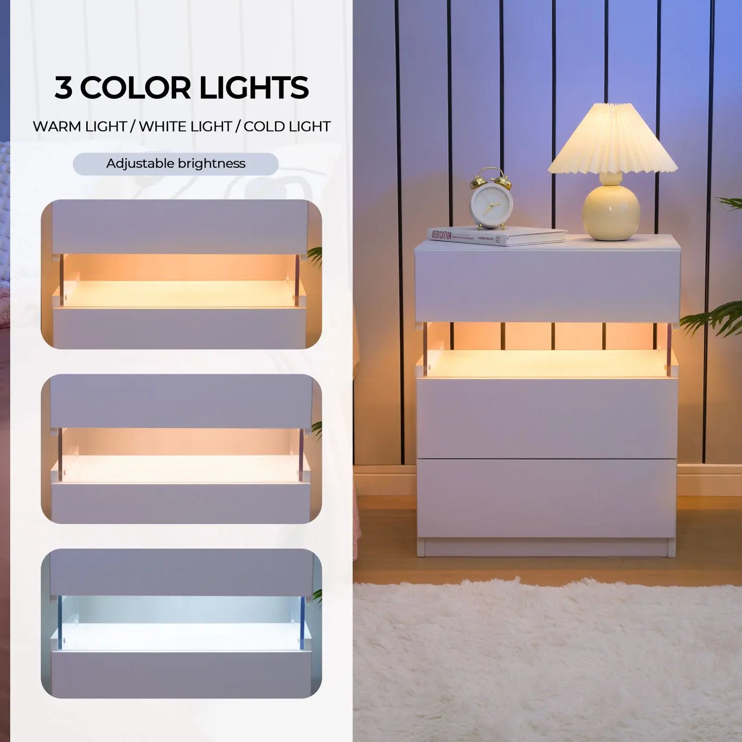Cubehom Bedside Tables 2Pack With LED Lighting And 3 Drawers