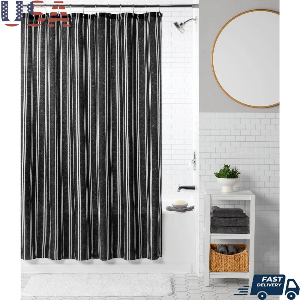 13 Piece Shower Curtain Set with Hooks Black White Pinstripes 72x72 Polyester Washable Bathroom Decor Easy Care