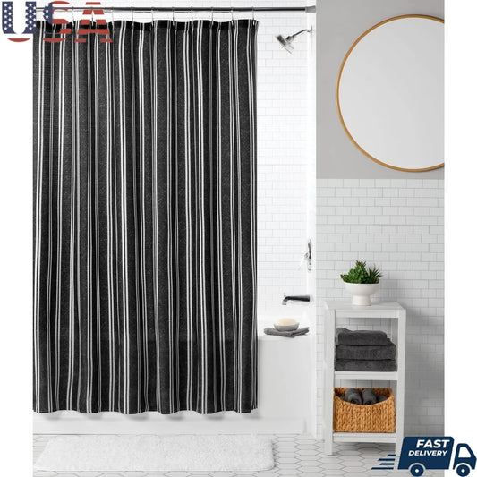 13 Piece Shower Curtain Set with Hooks Black White Pinstripes 72x72 Polyester Washable Bathroom Decor Easy Care