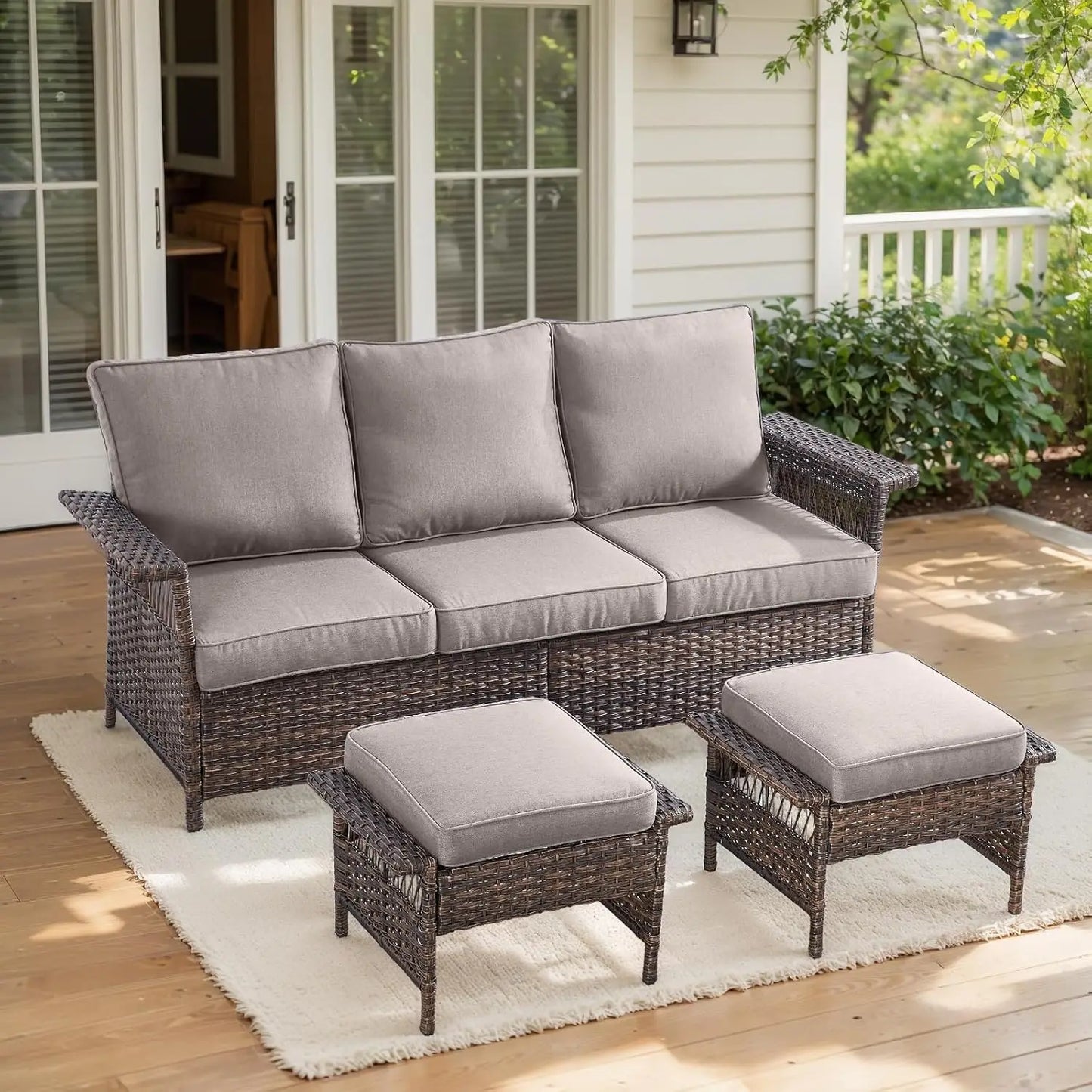 Outdoor Wicker Sofa Set with Two Ottomans and Blue Cushions for Patio, Garden, Balcony, Sunroom, and Backyard