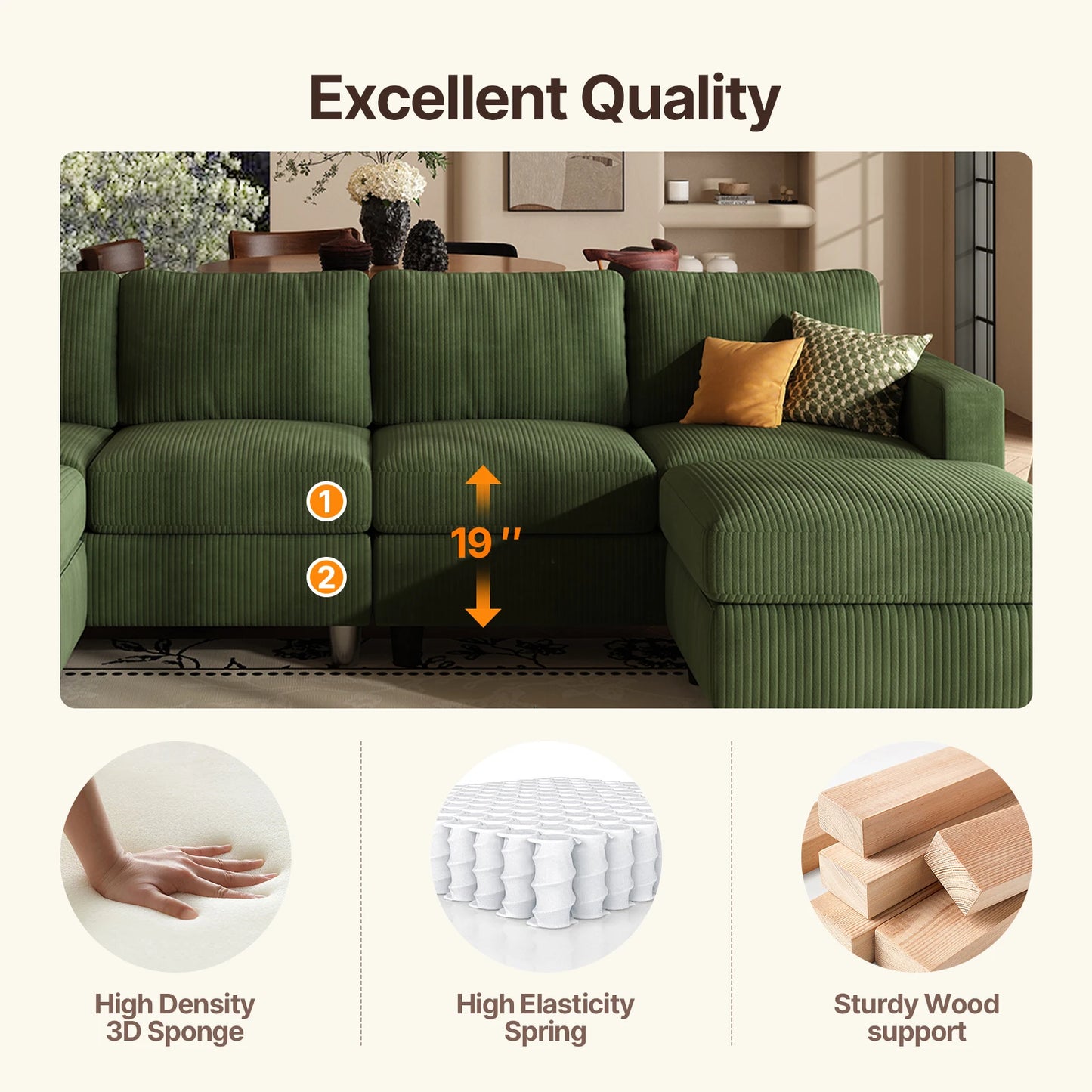 QWCCN Corduroy U Shape Sectional Sofa With Ottomans