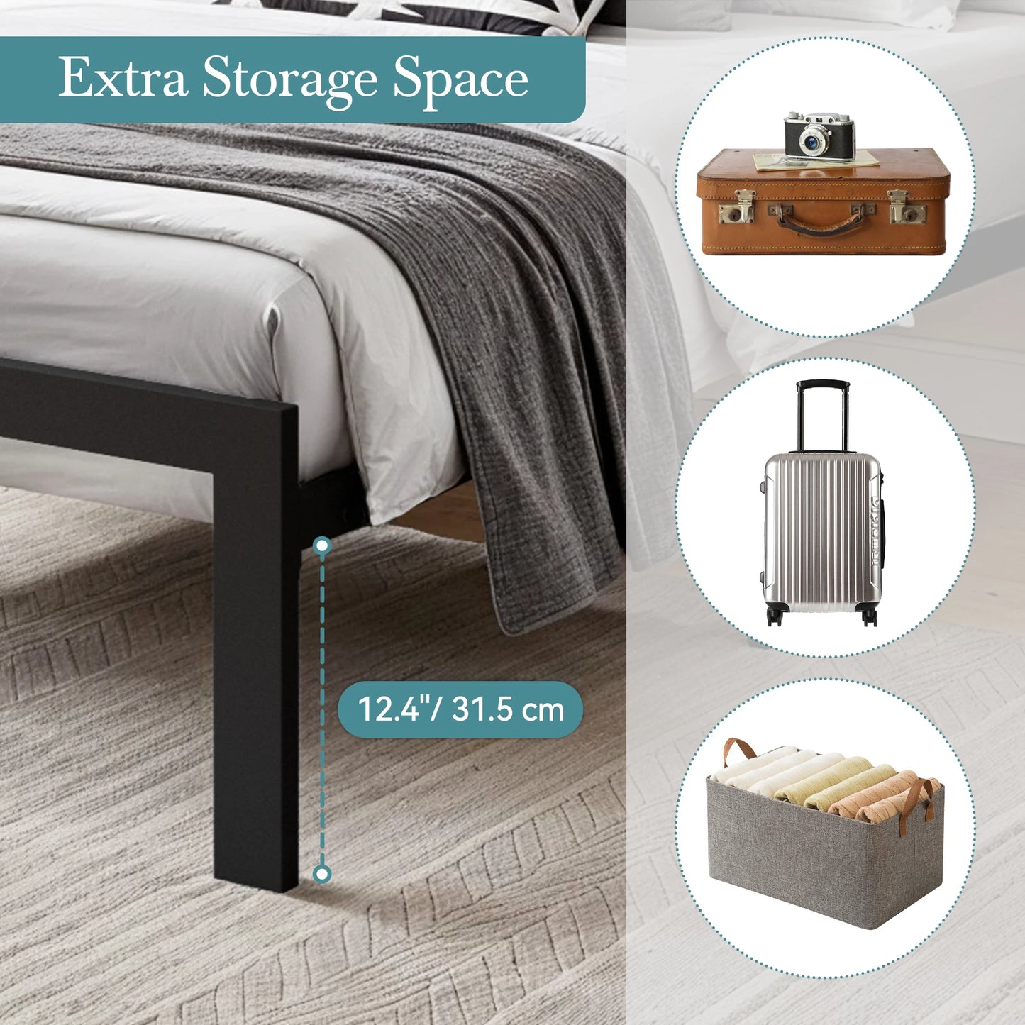 HOOMIC Metal Bed Frame With Upholstered Headboard In Linen Fabric Sturdy Foundation No Box Spring Needed