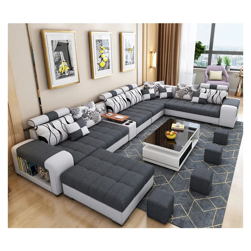 NONECN Modern Fabric Sofa Set with USB U Shape Stool