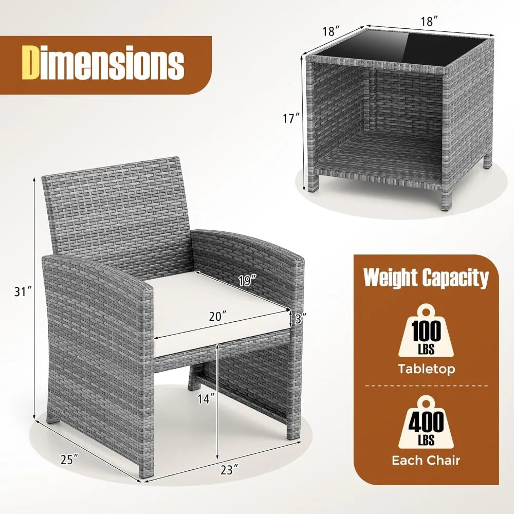 3-Piece Outdoor Wicker Patio Furniture Set with Cushions and Storage Table for Porch, Balcony, or Garden