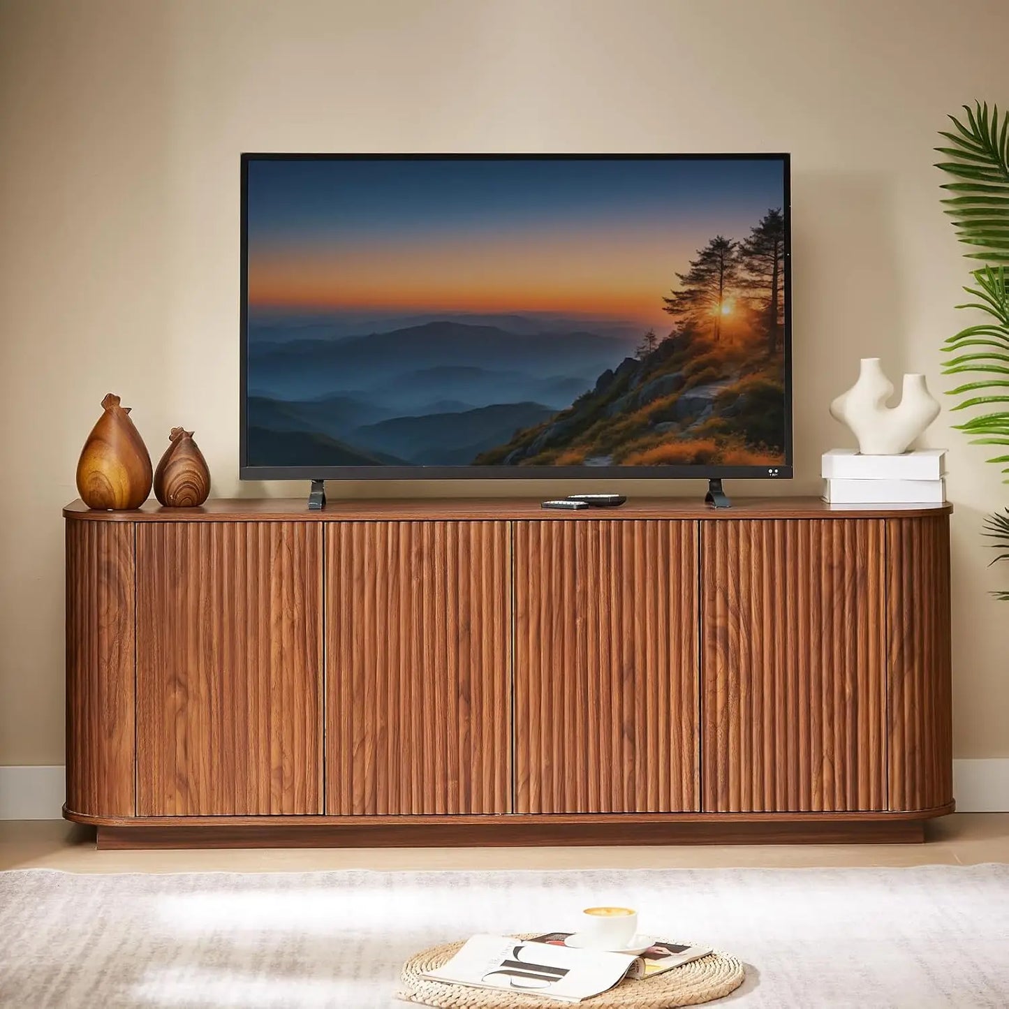 GUOHE Fluted Walnut Sideboard Buffet With Storage Cabinet