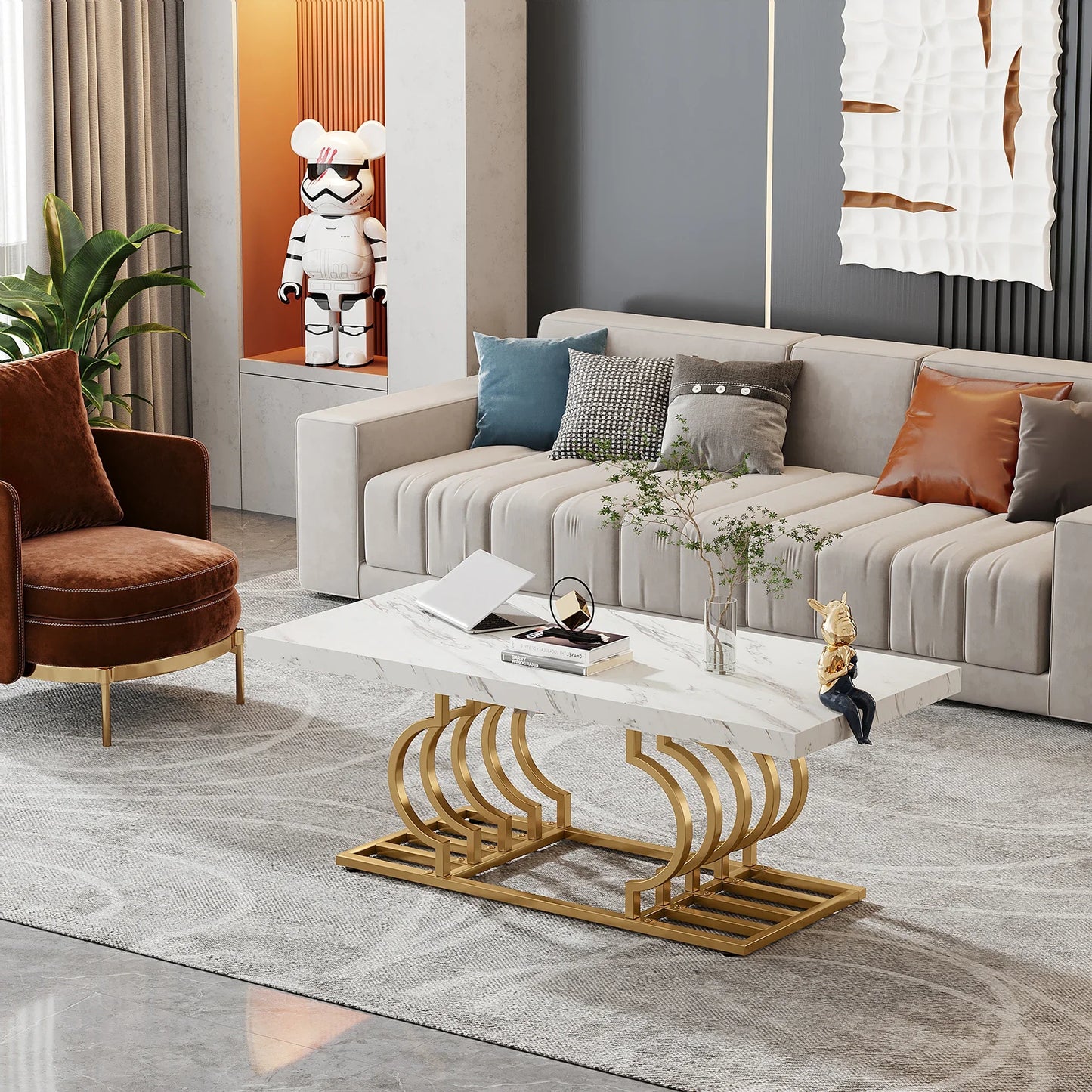 Tribesigns Faux Marble Coffee Table With Geometric Frame