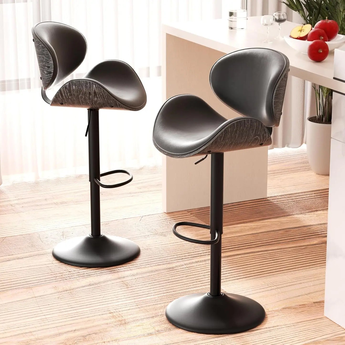 Swivel Bar Stools 2 Adjustable Bentwood PU Leather Back Footrest