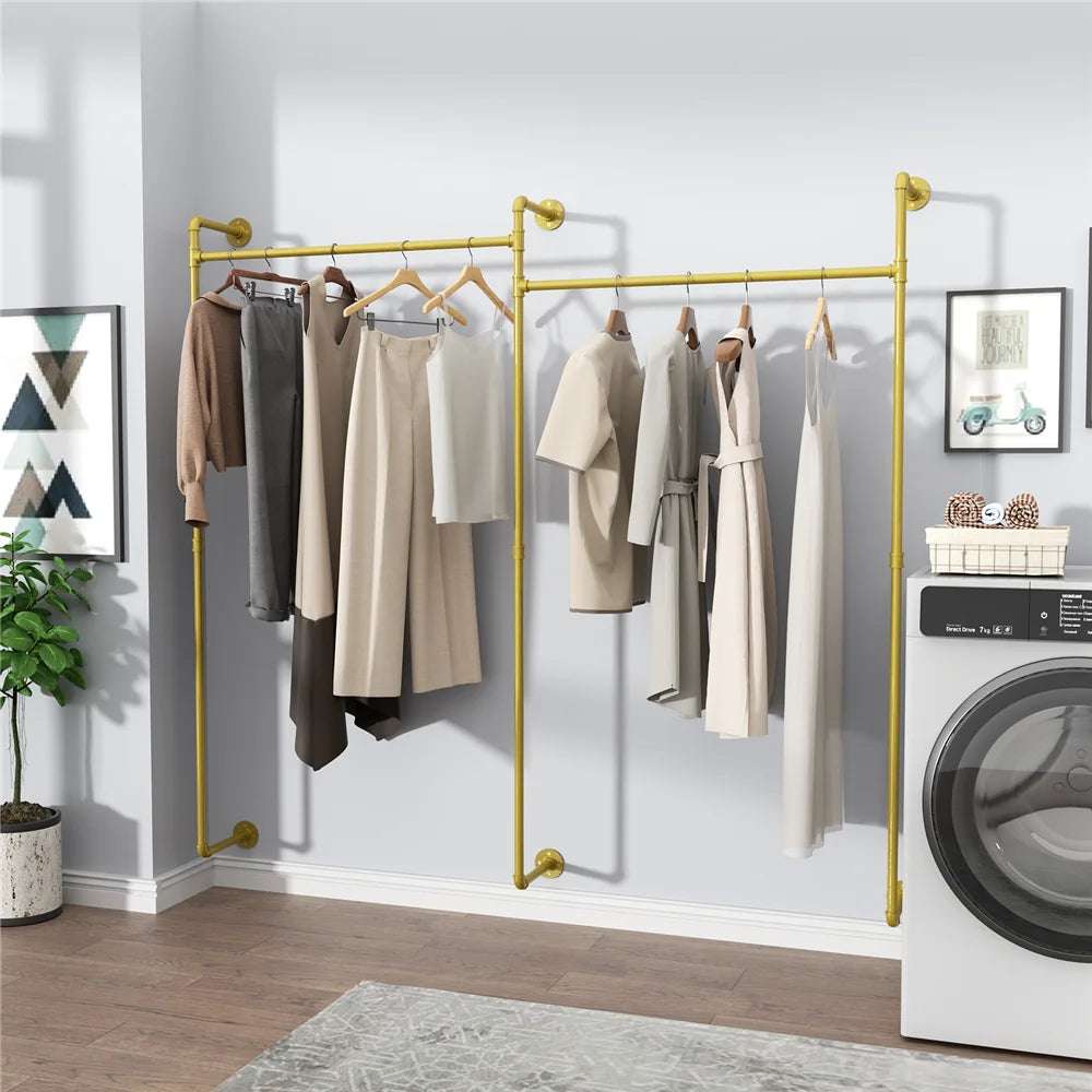 Industrial Pipe Clothing Rack Wall Mounted,Clothes Racks with Hanging Rods for Closet Storage(Gold)