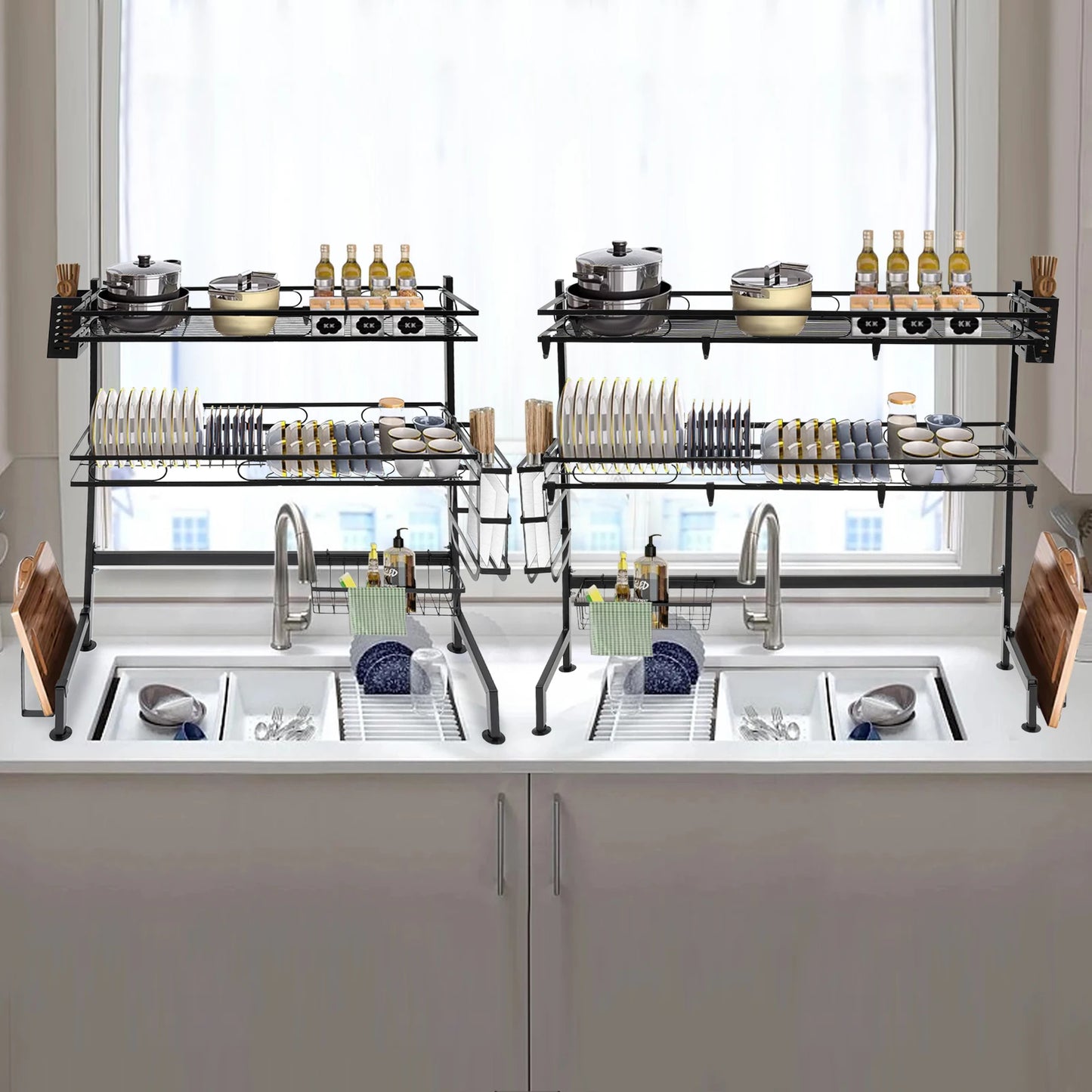 Two Tier Over Sink Dish Drying Rack Carbon Steel Above Sink Drainer Kitchen Organizer For Kitchen Counter 62 To 82 Cm