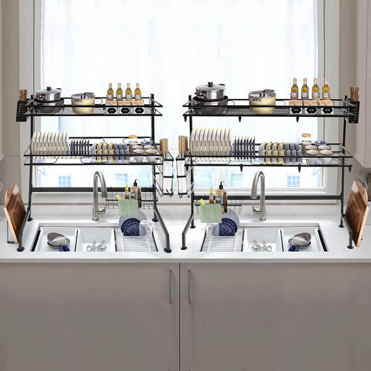 Two Tier Over Sink Dish Drying Rack Carbon Steel Above Sink Drainer Kitchen Organizer For Kitchen Counter 62 To 82 Cm
