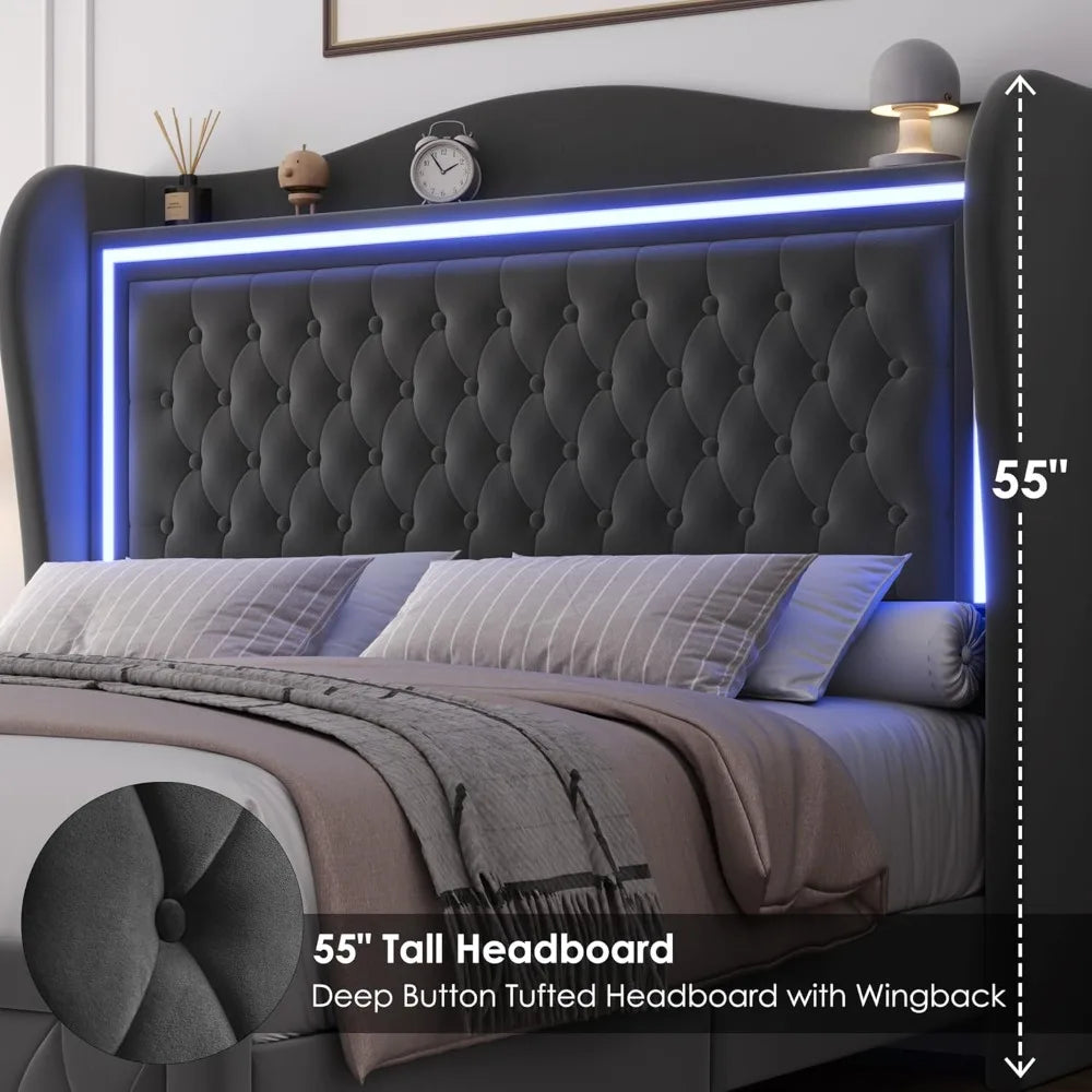 Queen Bed Frame 55" Tall Headboard with LED Lights, Buttons Tufted Velvet Upholstered Platform Bed Frame with 2 Storage Drawers,