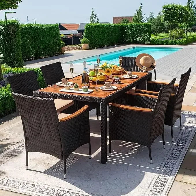 Acacia Wood Top Patio Conversation Set With Rattan Table And Chairs