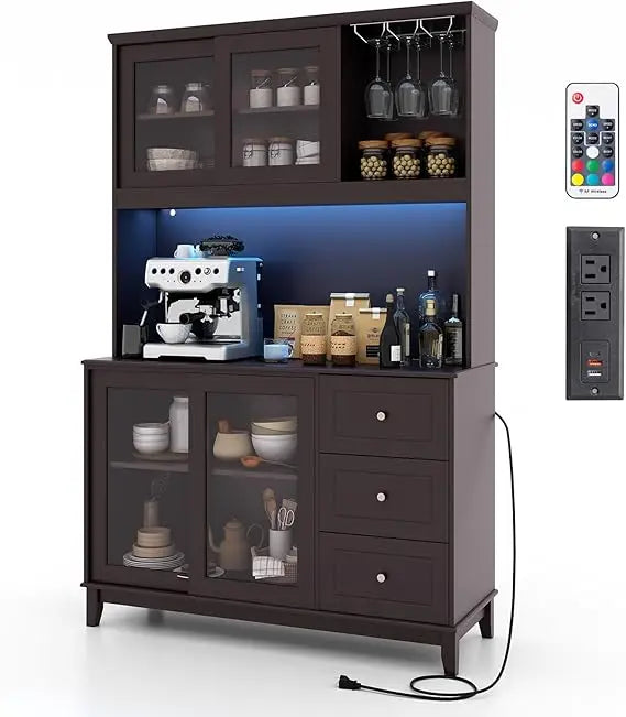 73” Kitchen Pantry Storage Cabinet, Buffet Hutch w/Power Outlets & Led Lights, Tall Cupboard w/Wine Glass Racks, Adjustable Shel