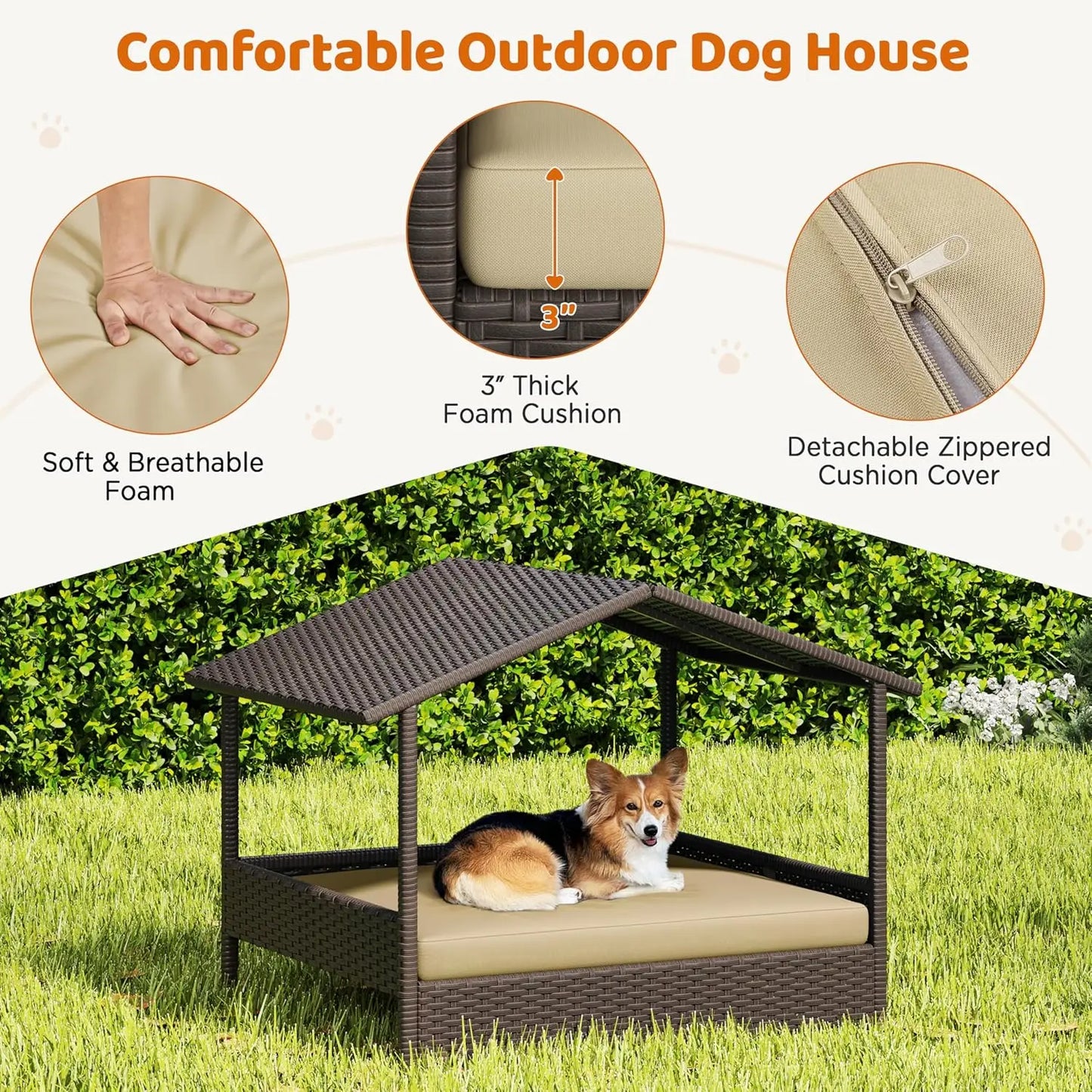 Wicker Dog House With Canopy Elevated Outdoor Shelter Bed For Small To Medium Dogs Shade For Patio And Deck