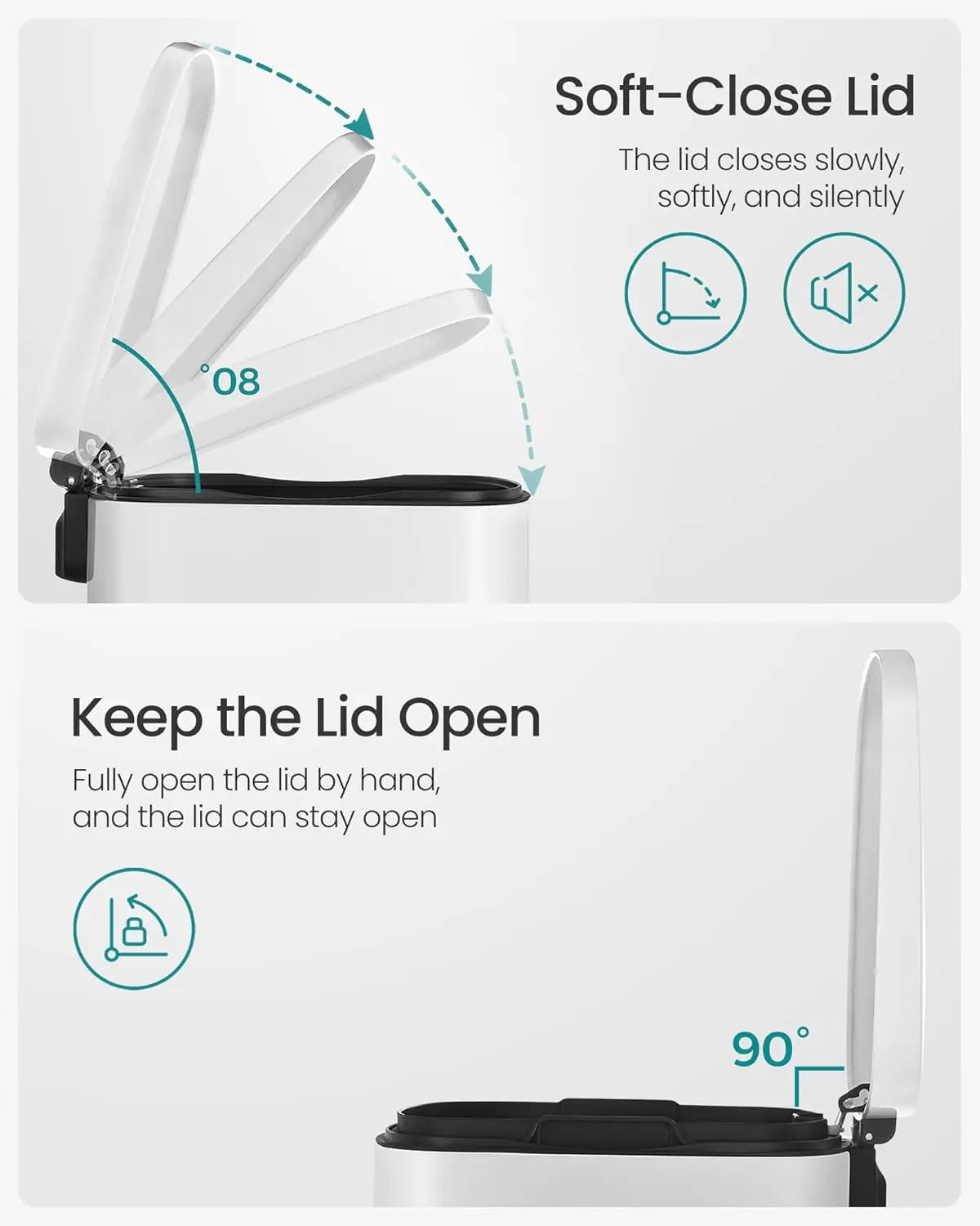 13 Gallon (50 L) Trash Can, Stainless Steel Kitchen Garbage Can, Recycling or Waste Bin, Soft Close, Step-On Pedal, White