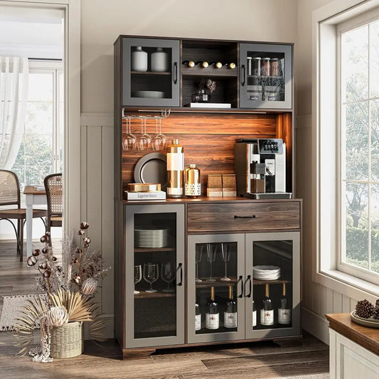 HUANZHUANG Pantry Cabinet With Coffee Bar Storage And LED Lighting