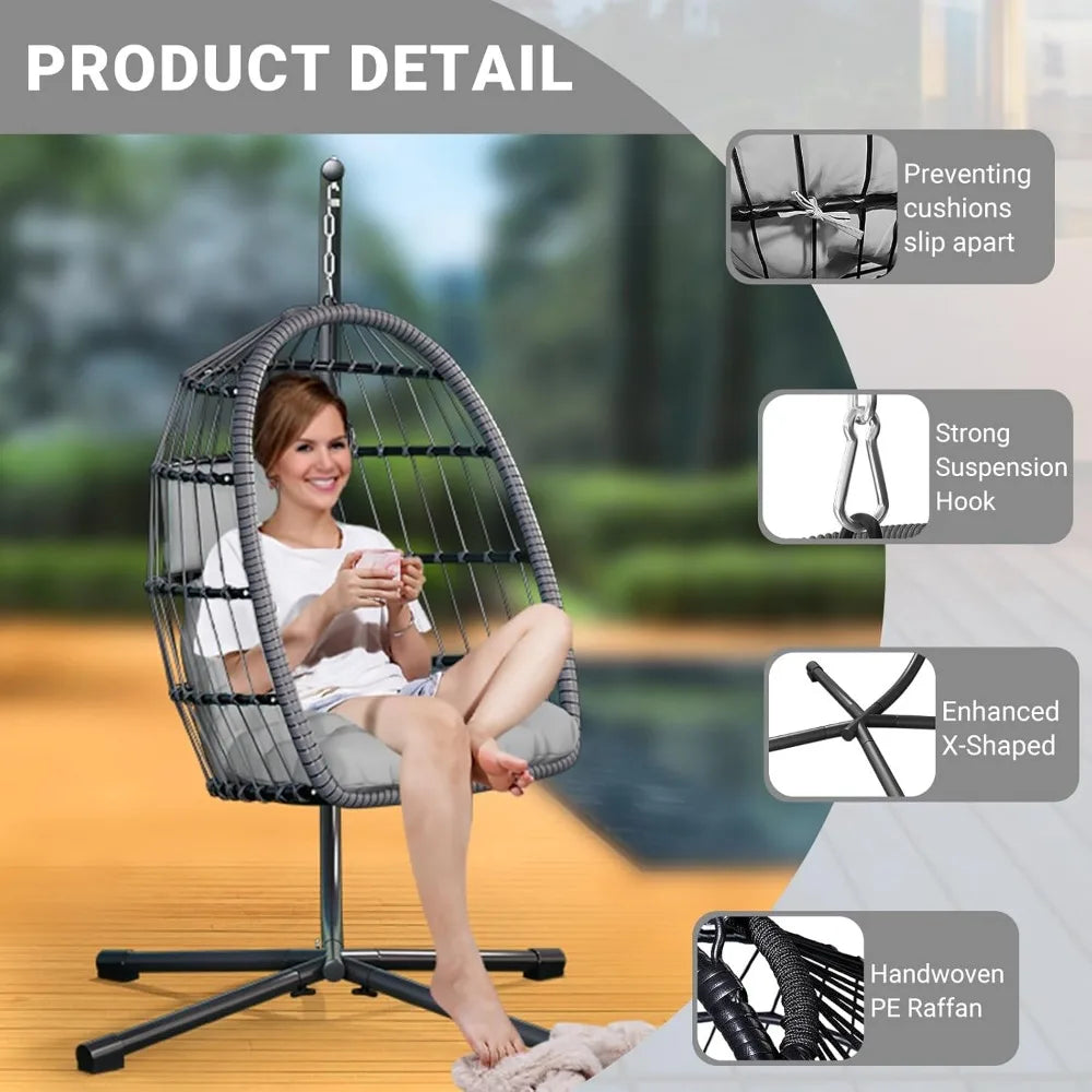Egg Chair with Stand,Patio Rattan Wicker Hanging Swing Egg Chair Hammock Chair for Bedroom Porch Garden,Thickened Aluminum Alloy