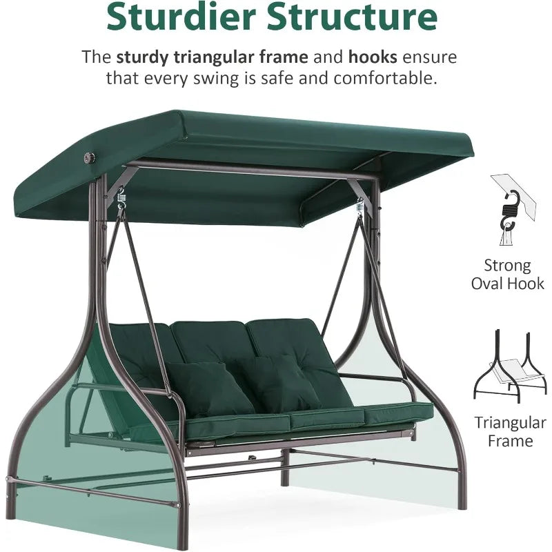 3-Seat Outdoor Patio Swing Chair, 2-in-1 Convertible Porch Swing Glider Chair with Removable Cushions, Adjustable Canopy