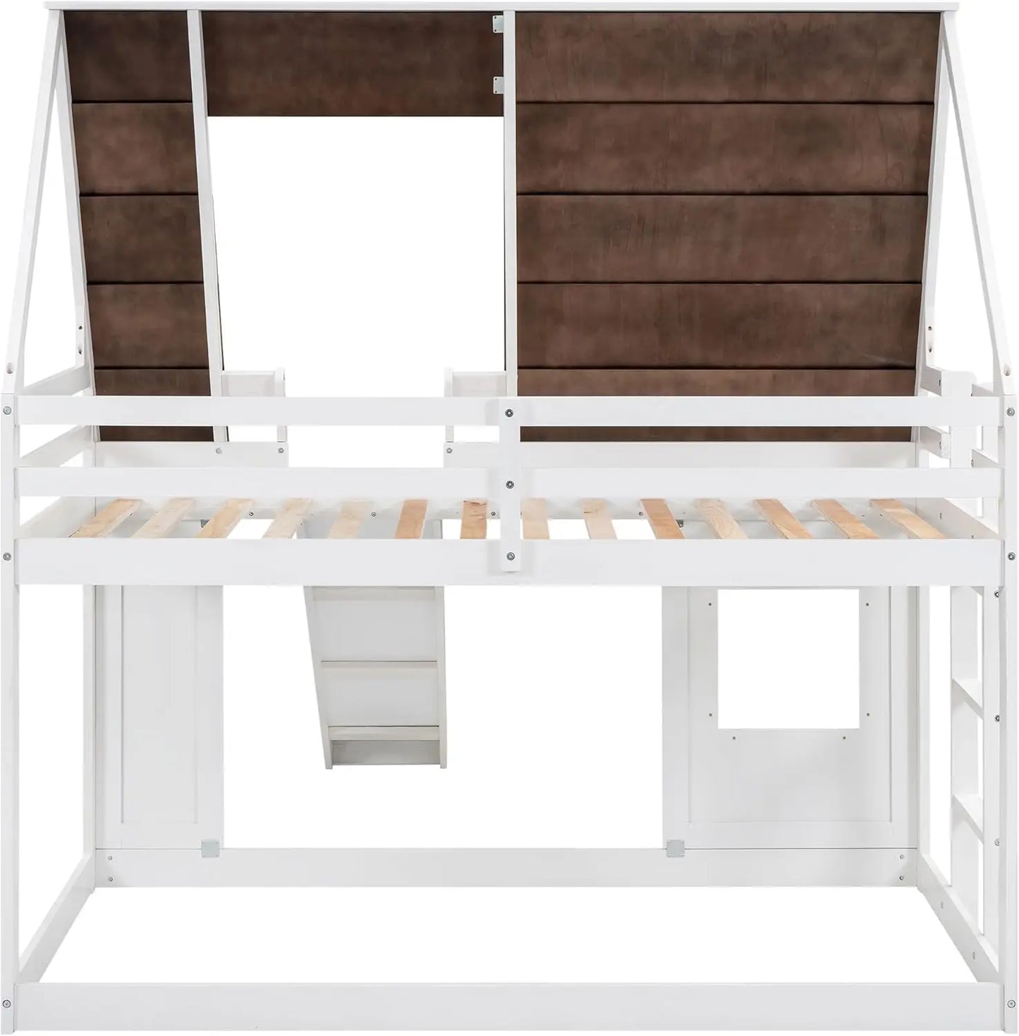 XMSJ Twin Over Twin House Bunk Bed With Roof Window Ladder Slide