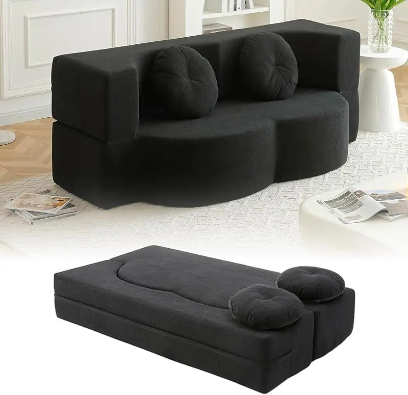 (UUX)76" Convertible Futon Bed, Boneless Sleeper Sofa Couch with 2/Pillows Teddy Fabric, 2-in-1 Comfy Floor & Foldable L UQ