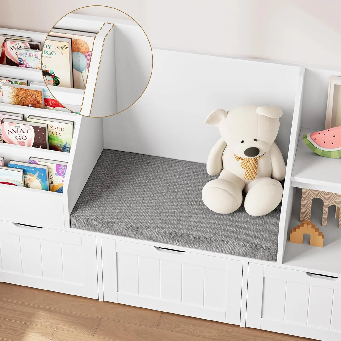 55.1’’ Kids Bookshelf with Reading Nook, Toy Storage Organizer with Seat Cushion and 3 Movable Drawers, Kids Reading Nook Toy