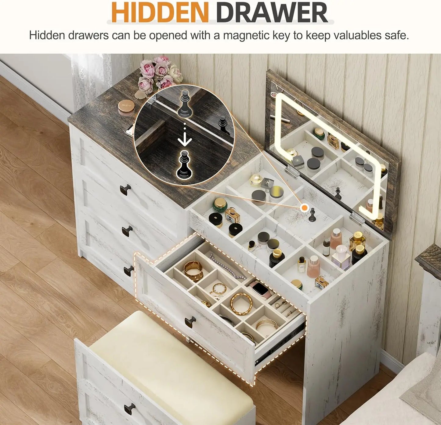 Vanity Desk With Flip Top Mirror Lights And Gun Drawer