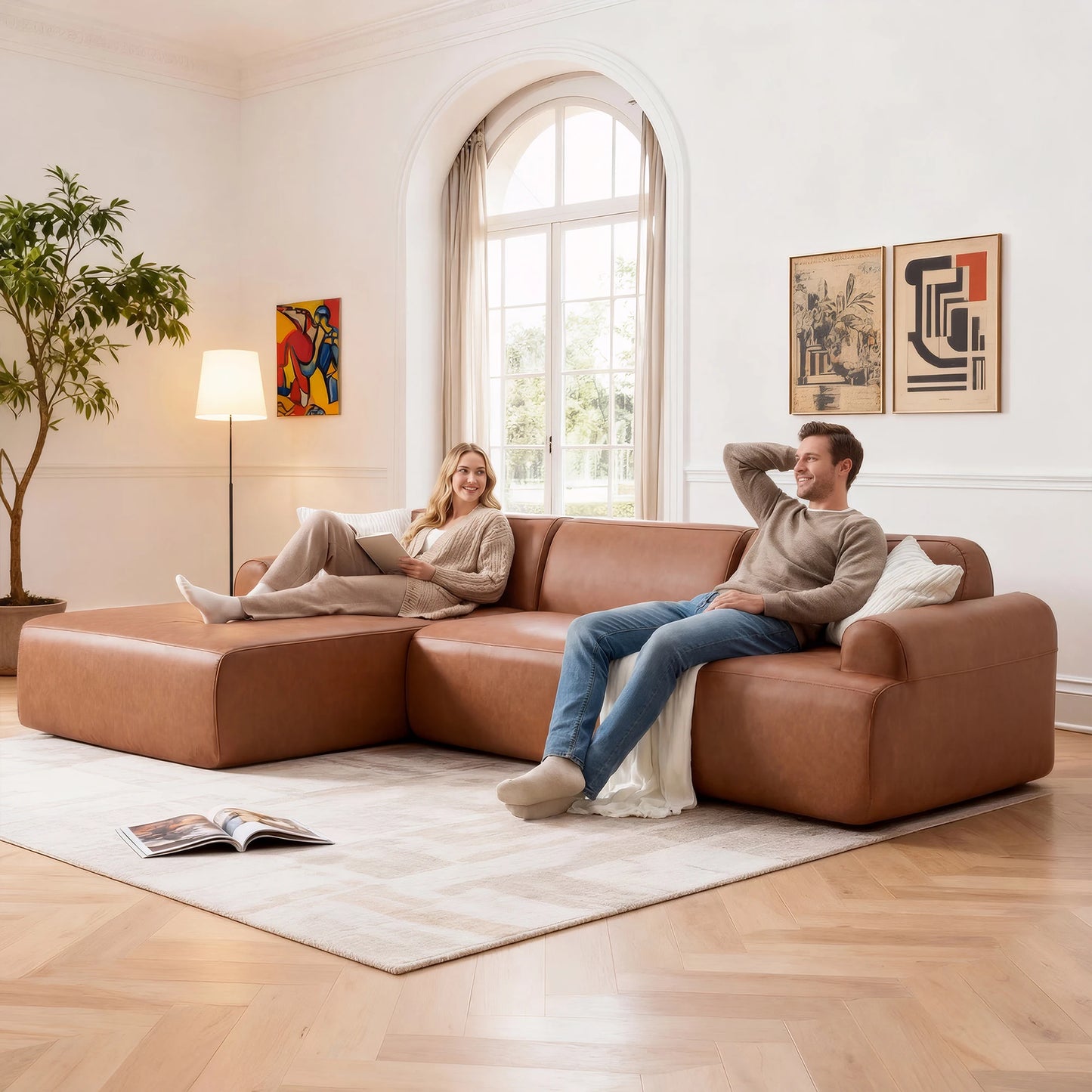 L Shaped Modular Leather Sofa For Large Family Spaces