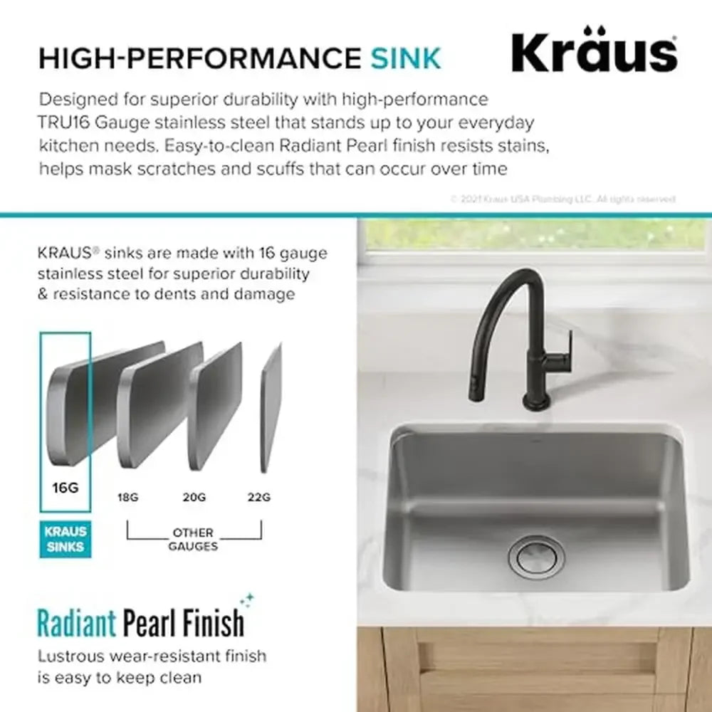25" Undermount Stainless Steel Sink Clean & Contemporary Design Heavy-Duty Construction Spacious Single Bowl Dex Series by