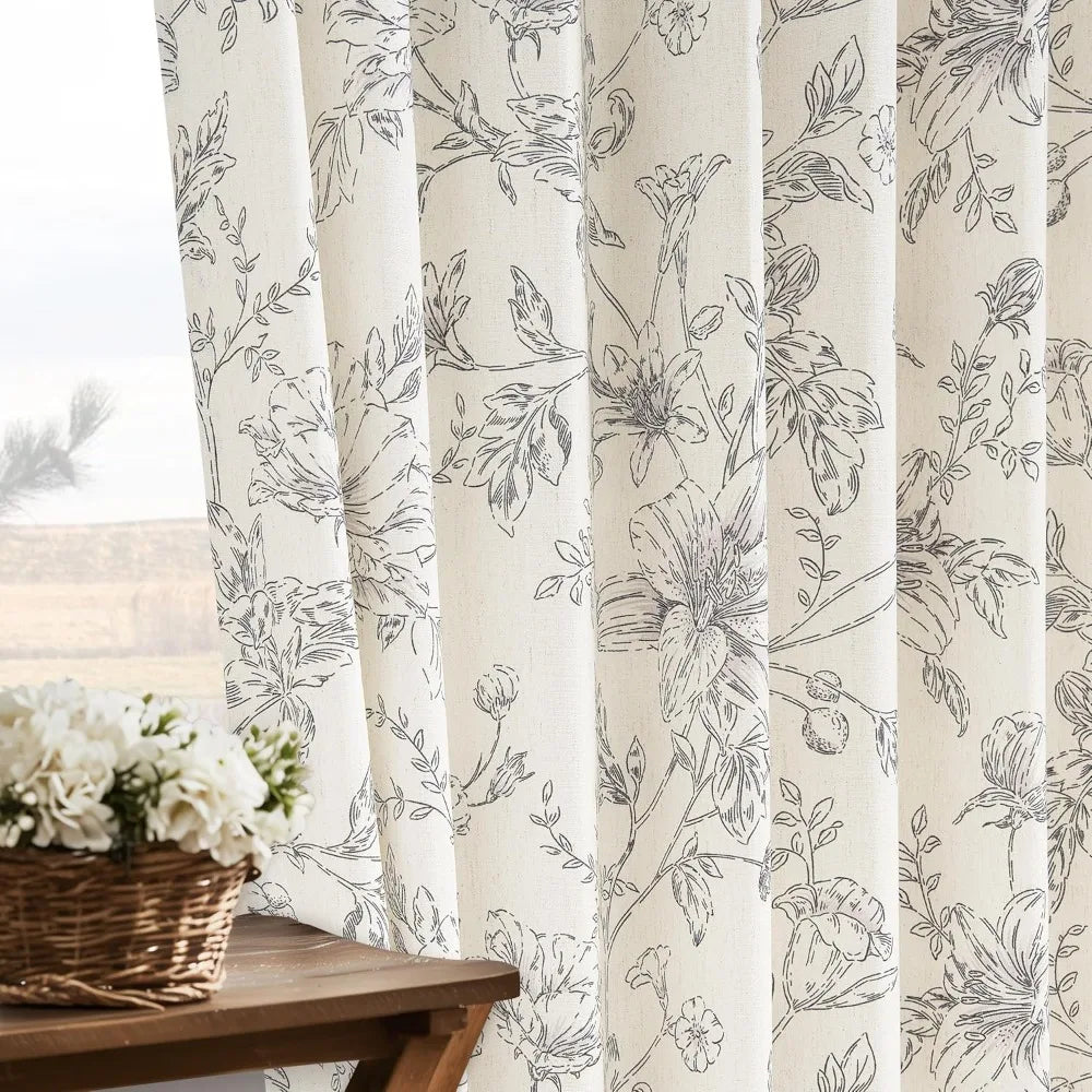 Pinch Pleated Floral Linen Curtains Farmhouse Living Room