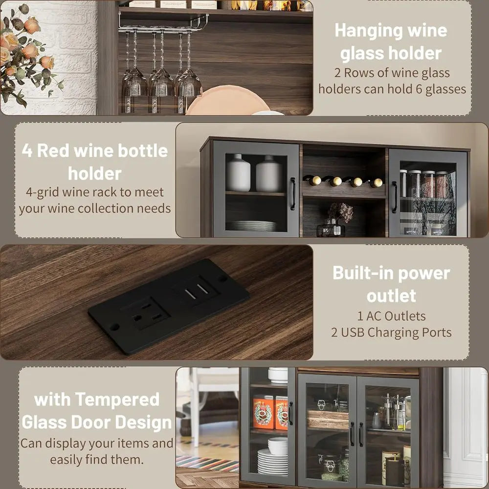 HUANZHUANG Pantry Cabinet With Coffee Bar Storage And LED Lighting