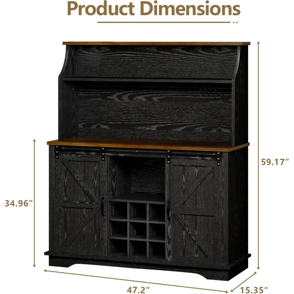 47" Farmhouse Coffee Bar with 3-Tier Storage, Kitchen Hutch with 12 Wine Racks & 3 Glass Holders, Coffee Hutch Cabinet with