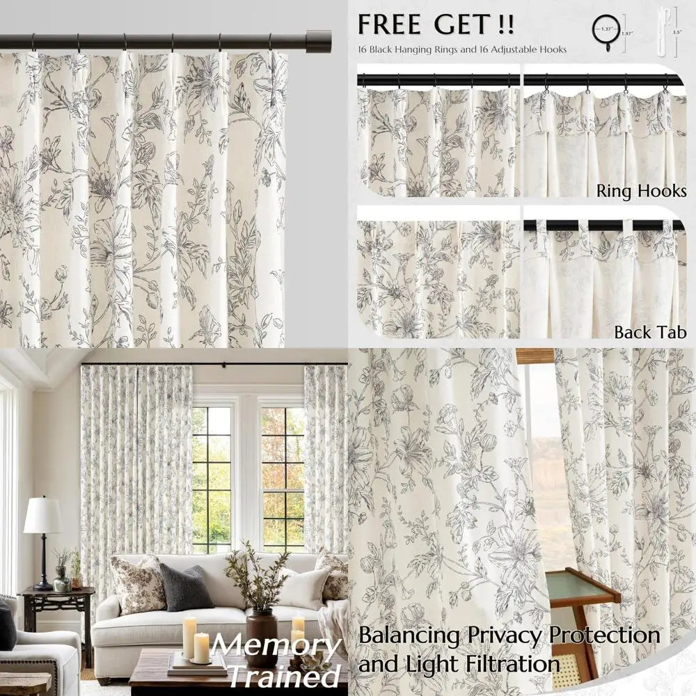 Pinch Pleated Floral Linen Curtains Farmhouse Living Room