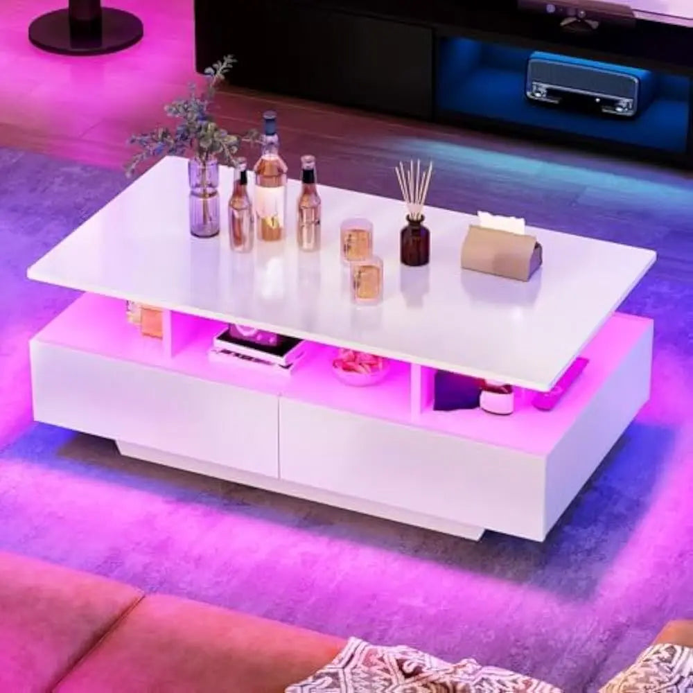 LED Coffee Table With 4 Sliding Drawers And Open Display Shelf