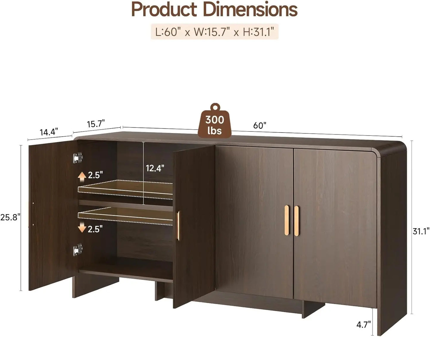 60" Sideboard Buffet Cabinet with Storage, Curved Design Farmhouse Coffee Bar Cabinet with 4 Doors & Adjustable Shelves