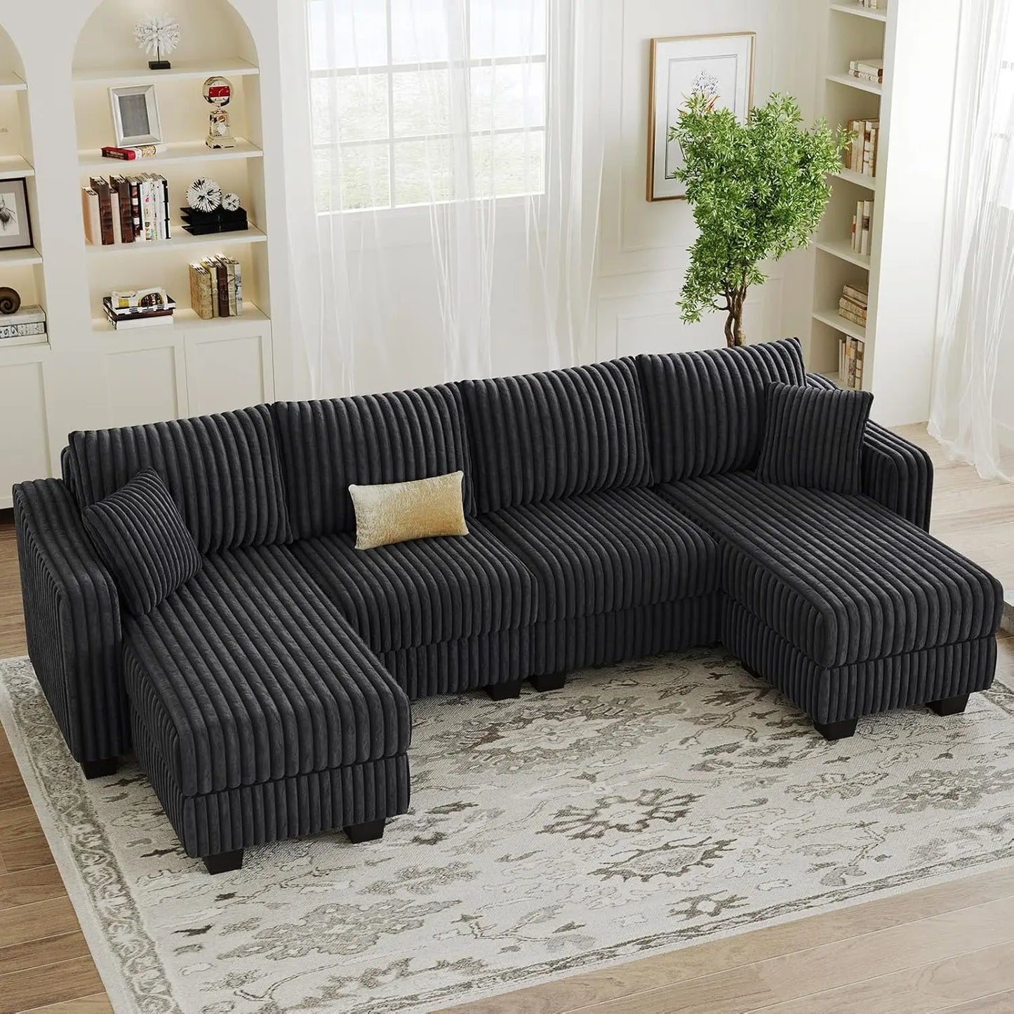 U Shape Reversible Sectional Sofa Ottoman Corduroy Living Room Set