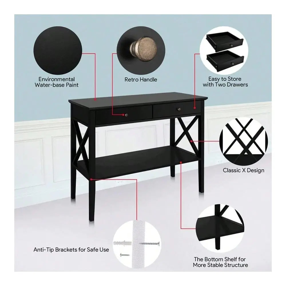 Narrow Wood Console Table With Drawers And Entryway Storage Shelf