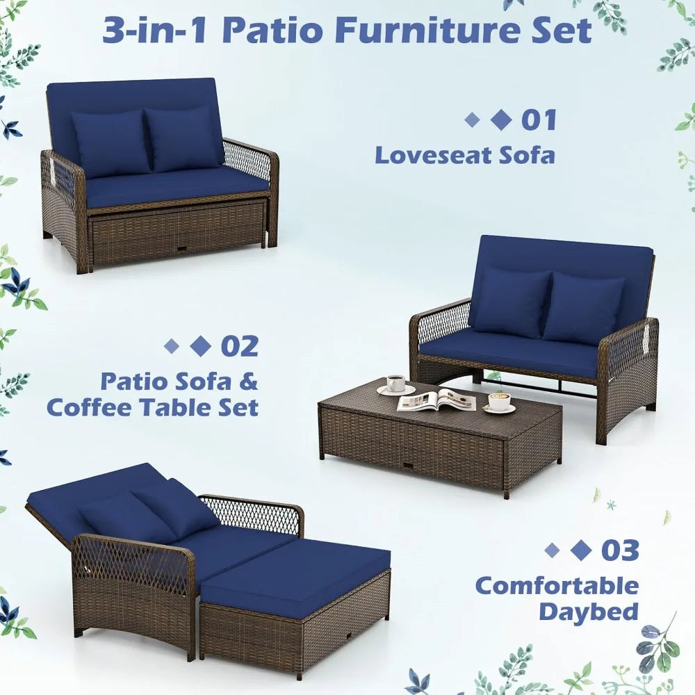 Patio Adjustable Wicker Daybed, Rattan Loveseat & Storage Ottoman w/ 4-Level Backrest & Soft Cushions, Space-Saving 2-Person Su