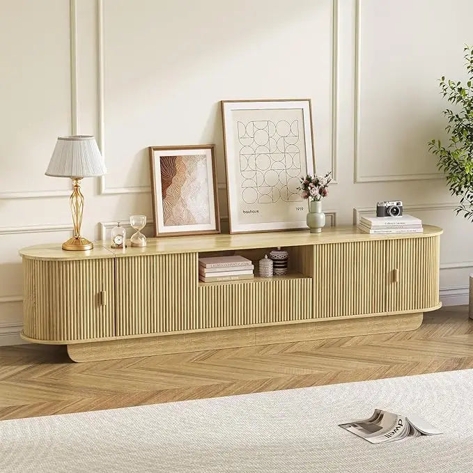 86.61'' Tambour TV Stand for 55-85 Inch, Modern Entertainment Center with Large Storage Cabinet & Open Shelves, TV Console