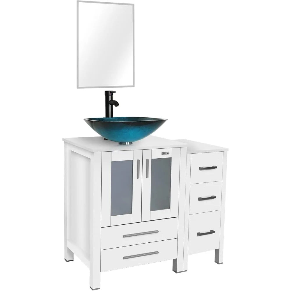 36" Modern Bathroom Vanity Sink Combo White W/Small Side Cabinet Turquoise Square Glass Vessel Sink & Water Save Faucet & Pop U