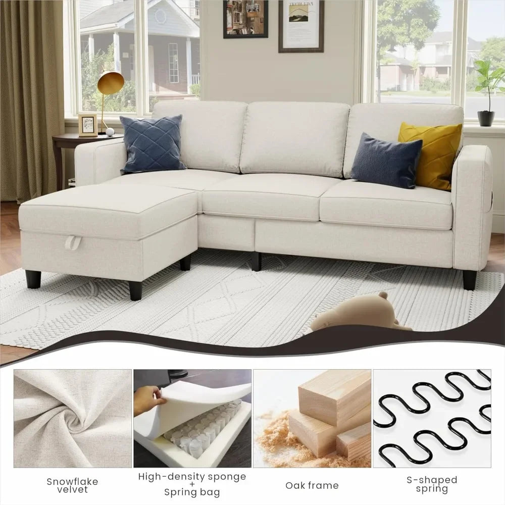 Sectional Sofa Couches for Living Room - 78''L Shaped Beige CoucLinen-Pet Friendly Modular 3-Seater Convertible Sofas-Washable
