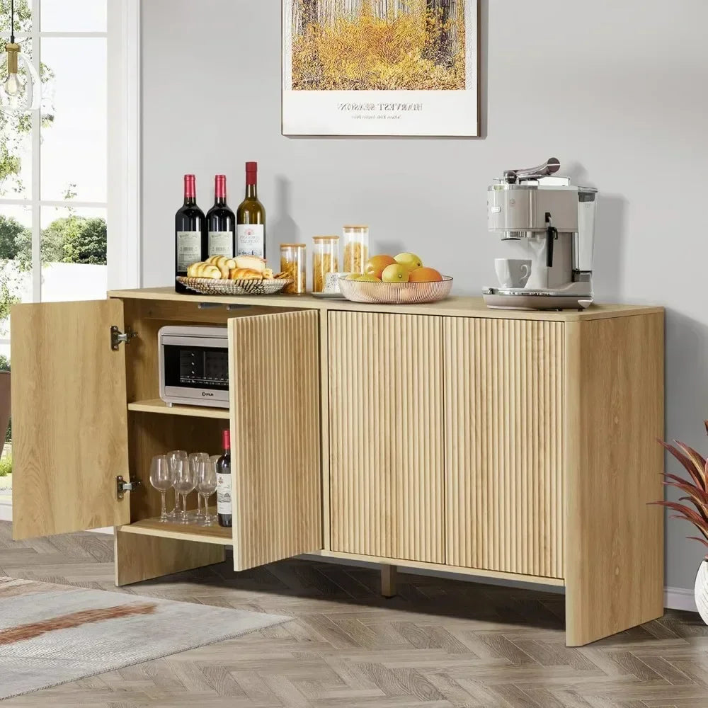 Sideboard Buffets Cabinet, Modern Accent Storage Cabinet with 4 Fluted Doors and Adjustable Shelves