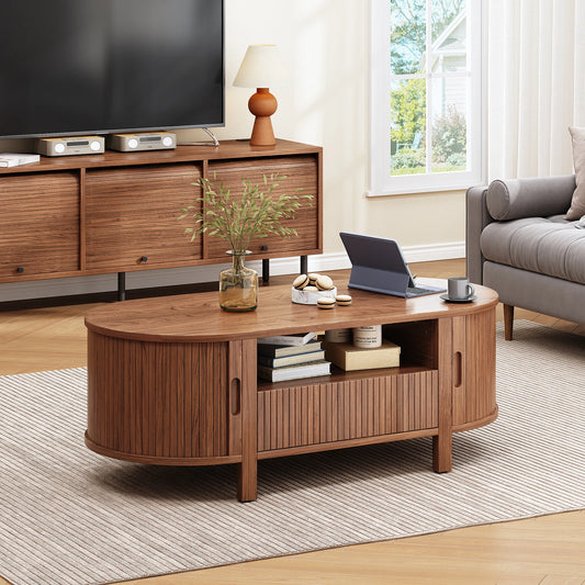 Oval Coffee Table With Cabinets And Sliding Doors Mid Century