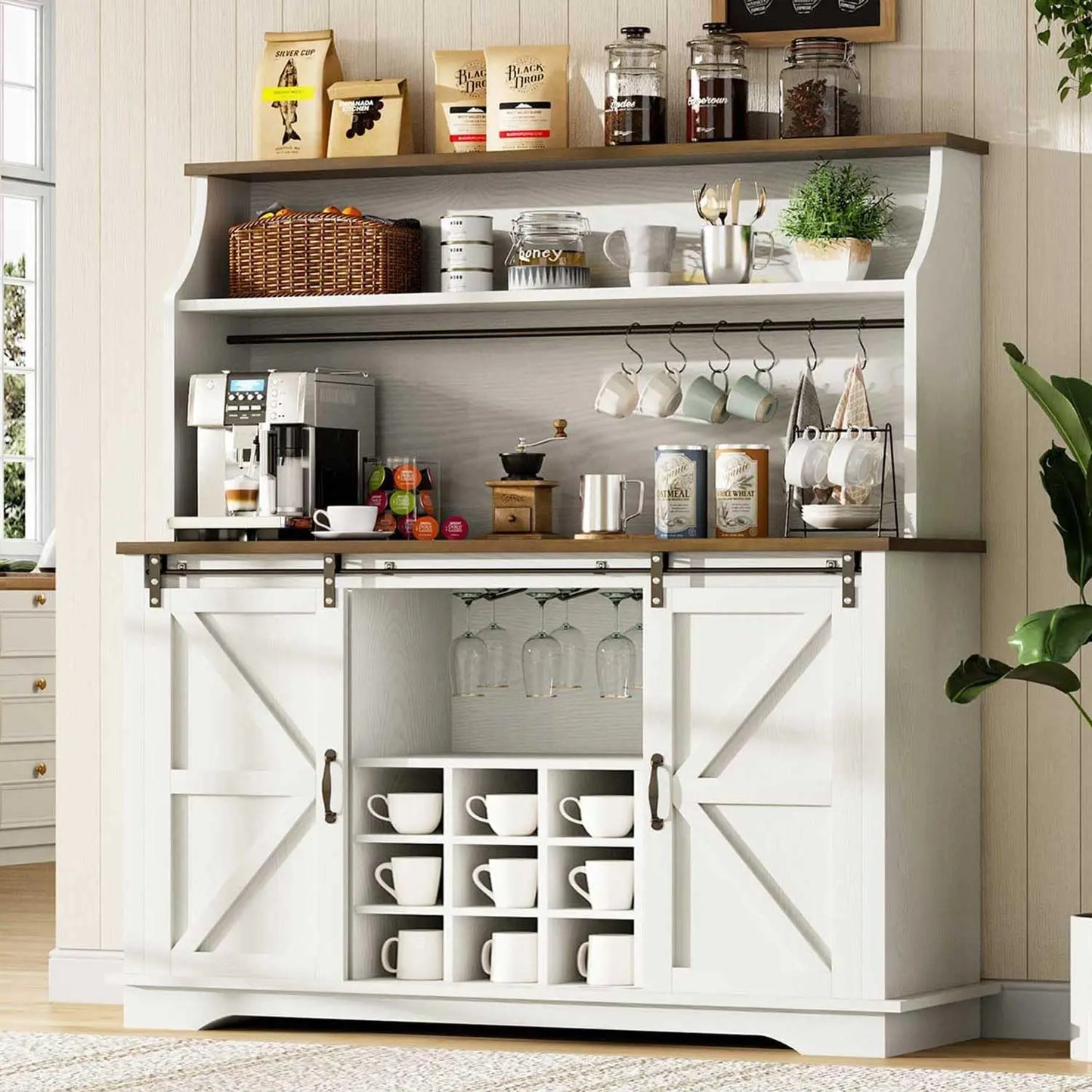 47" Farmhouse Coffee Bar with 3-Tier Storage, Kitchen Hutch with 12 Wine Racks & 3 Glass Holders, Coffee Hutch Cabinet with